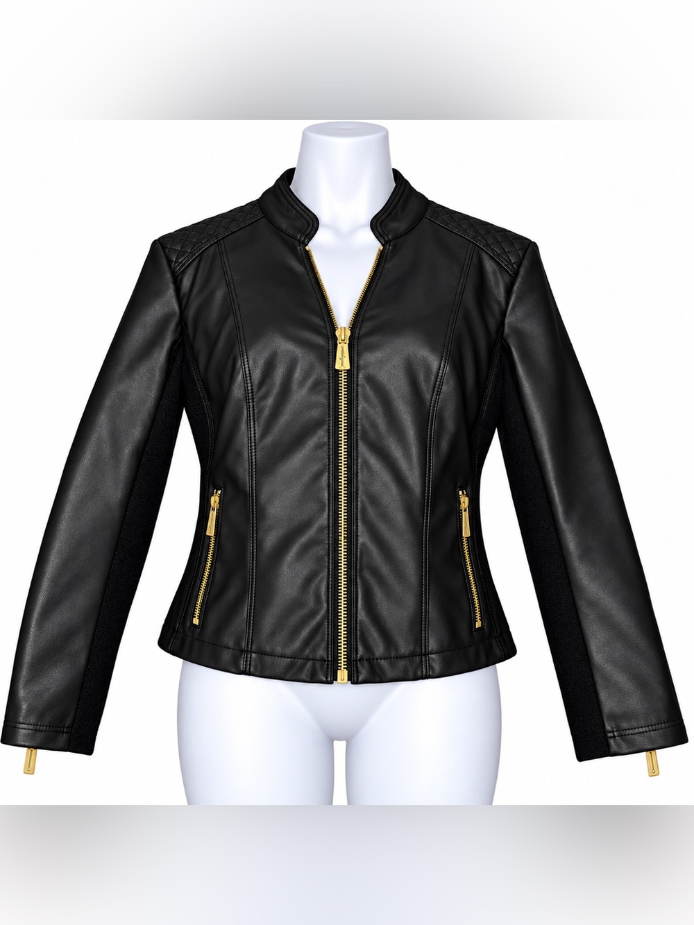 Kenneth Cole New York Black Faux Leather Moto Jacket Gold Zip M